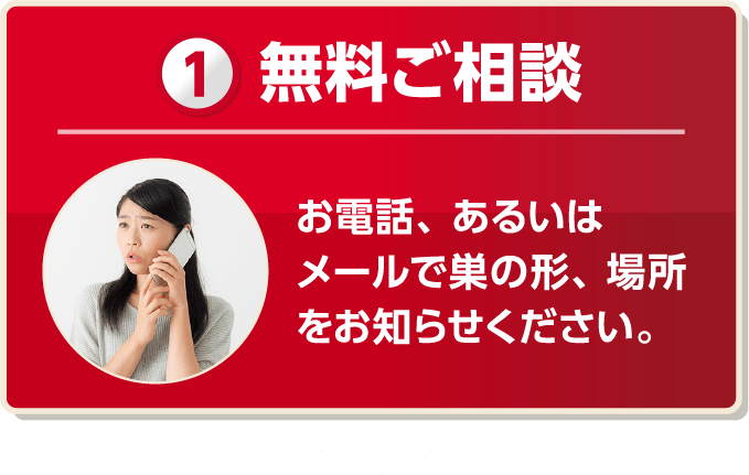 無料ご相談 お電話、あるいはメールで巣の形、場所をお知らせください。