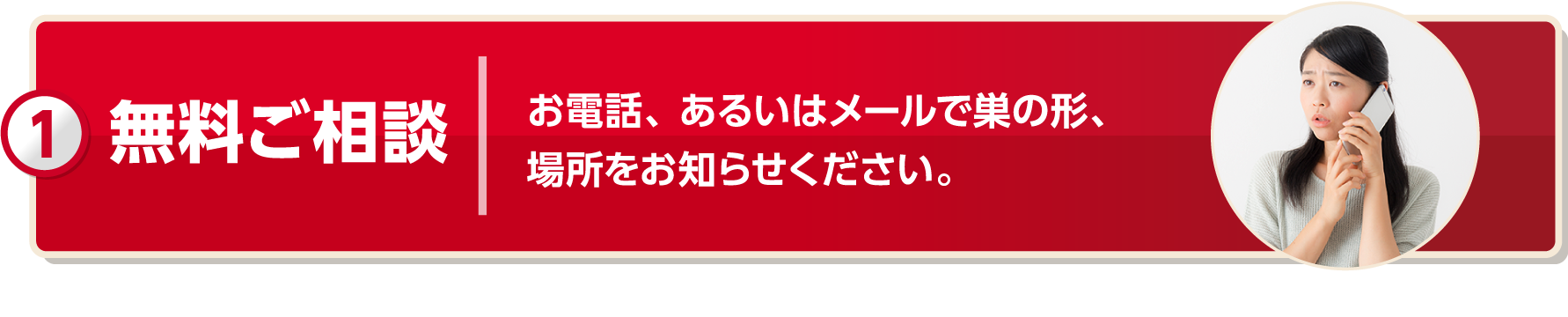 無料ご相談 お電話、あるいはメールで巣の形、場所をお知らせください。