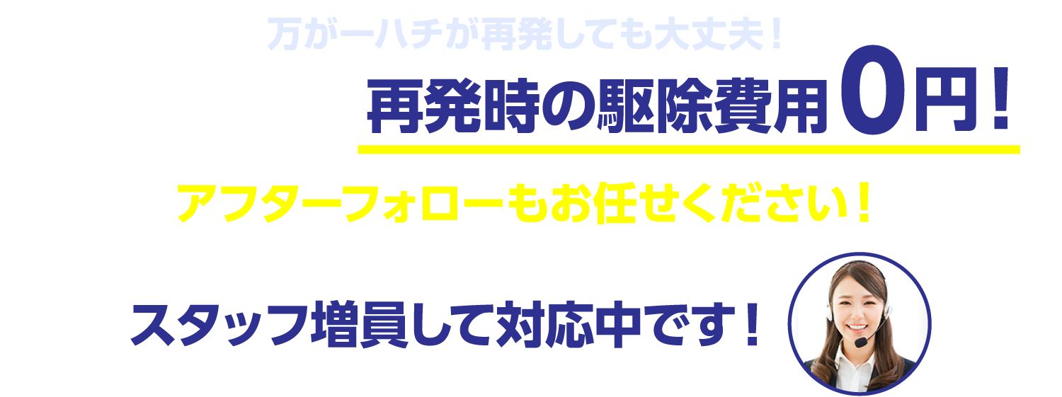 万が一ハチが再発しても大丈夫！同年内おける再発時駆除費用0円！！アフターフォローもあ任せください！ スタッフ増員いて対応中です！